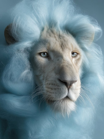White lion with a majestic blue mane made of cotton candyの素材
