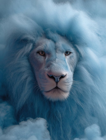 Majestic blue lion emerging from the mist, a surreal wildlife portraitの素材