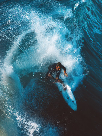 Surfer riding ocean wave with spraying waterの素材