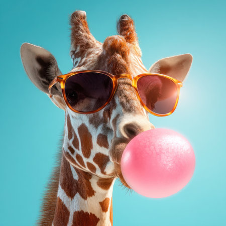 Cool giraffe wearing sunglasses blowing bubble gum on blue backgroundの素材