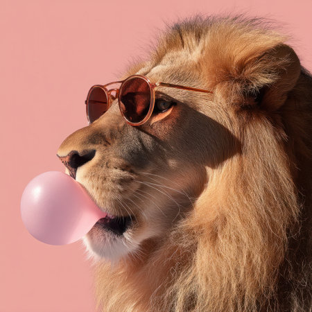 Cool lion blowing bubblegum and wearing sunglasses on pink backgroundの素材