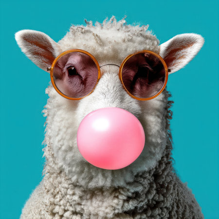 Sheep blowing bubblegum while wearing sunglasses on turquoise backgroundの素材