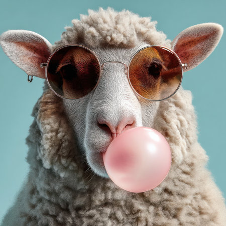 Sheep blowing bubblegum while wearing sunglasses, a quirky portraitの素材