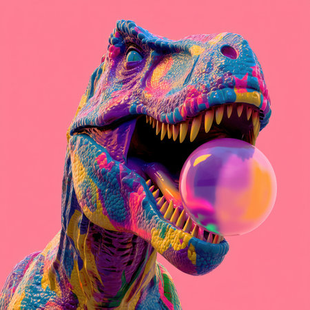 Vividly colored t rex statue blowing bubblegumの素材