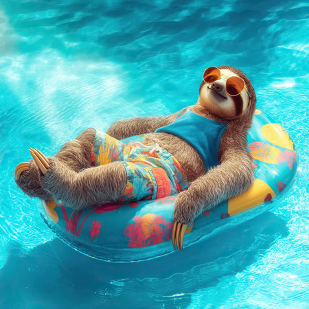 Sloth relaxing on inflatable ring in swimming pool wearing sunglassesの素材