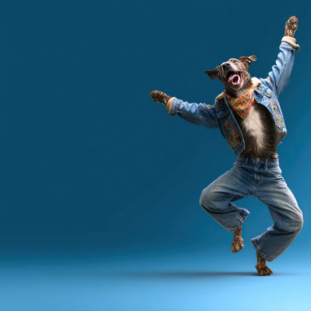 Joyful anthropomorphic dog dancing with denim jacket and jeans on blue backgroundの素材