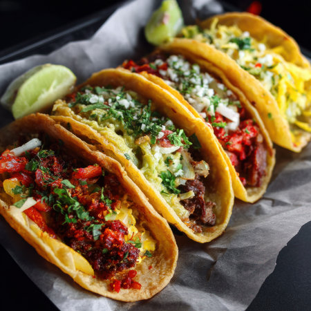 Delicious mexican tacos with various toppings invitingly presentedの素材