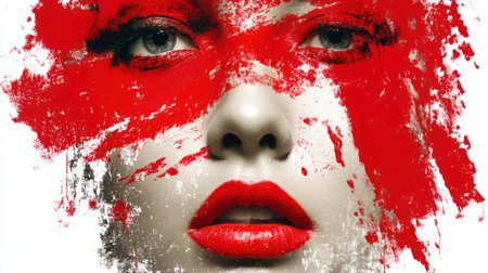 Woman with red lipstick and paint splash showing artistic makeup and beautyの素材