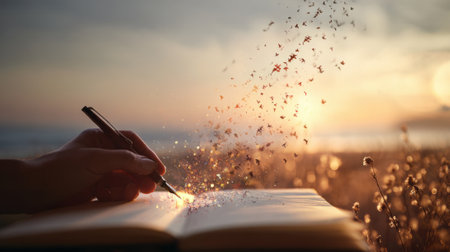 Writer creating birds with pen and notebook at sunset by the seaの素材
