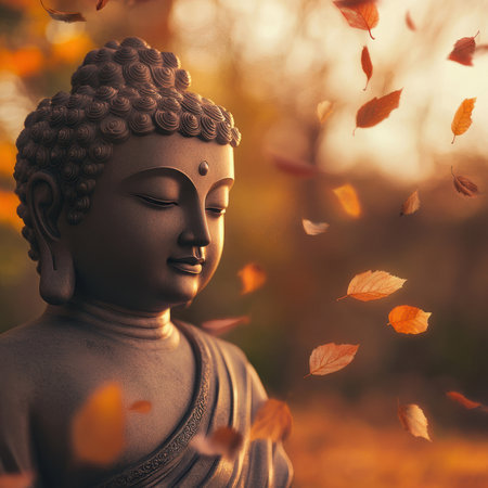 Buddha statue meditating peacefully as autumn leaves fall gently aroundの素材