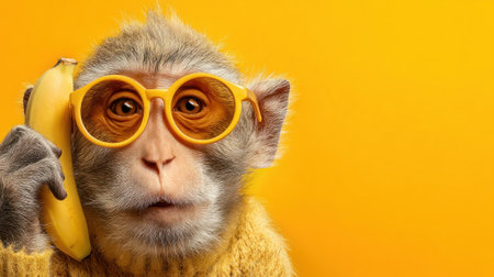 Stylish monkey wearing yellow sunglasses and using banana as phone on yellow backgroundの素材