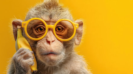 Funny monkey wearing yellow glasses using a banana as a phone on a vibrant yellow backgroundの素材