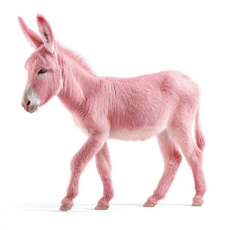 Pink donkey walking on white background, surreal animal portraitの素材