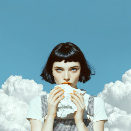 Young woman holding crumpled paper in front of clouds and blue skyの素材