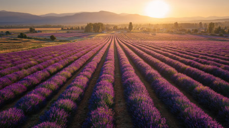 Stunning lavender fields stretching to the horizonの素材