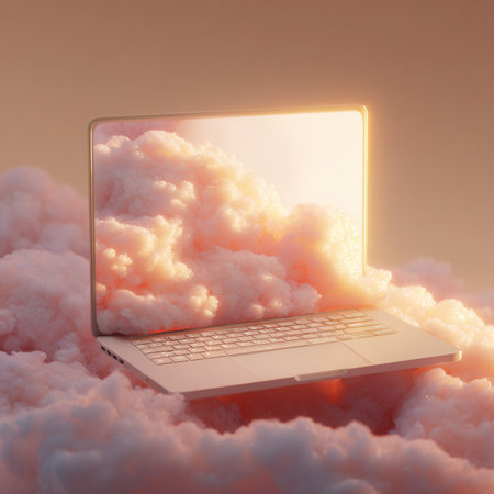 Laptop showing pink clouds coming out of the screen floating on pink cloudsの素材