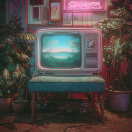 Old television showing glitching nature scenery in retro roomの素材