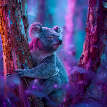 Koala resting on a tree trunk in a vibrant and colorful forest at duskの素材