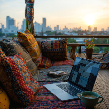 Digital nomad working remotely on rooftop at sunrise with city viewの素材