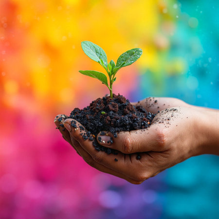 Hands holding young plant sprout growing from soil against colorful backgroundの素材