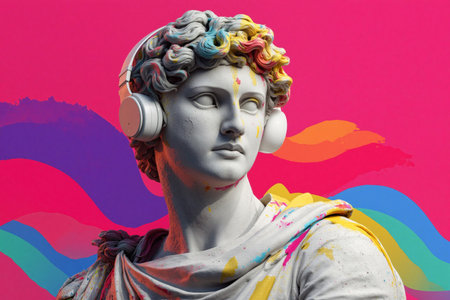 Modern art reimagines a classic statue with vibrant colors and headphones against a bold backgroundの素材