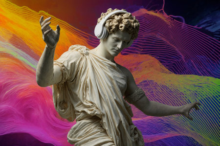 Classical statue wears headphones and enjoys modern music against colorful abstract backgroundの素材
