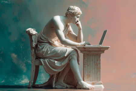 Classic sculpture of a thinker using a laptop in a modern space with pastel colorsの素材