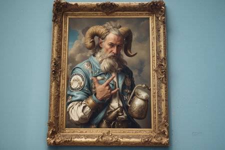 Majestic ram-headed figure holds a mug in ornate attire against a blue wall in a gallery settingの素材