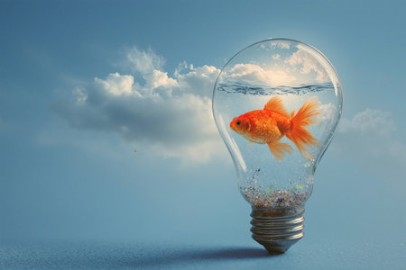 Goldfish swims in light bulb filled with water against a serene sky background showcasing creativity and imaginationの素材