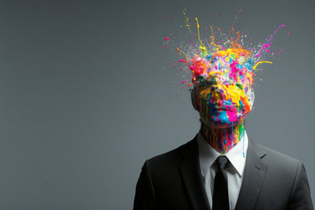 Abstract expression of creativity with vibrant colors in a suit against a grey backgroundの素材