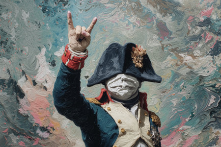 Napoleon gesture in front of abstract swirls, showcasing a blend of history and modernity in an artistic representationの素材