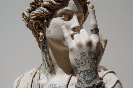Sculpture of a tattooed figure showcasing a hand gesture in a contemporary art museum settingの素材