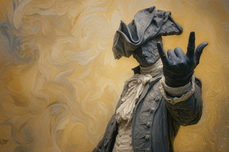 Statue of historical figure gesturing towards the viewer in a golden backdrop during a sunny afternoon in a public squareの素材