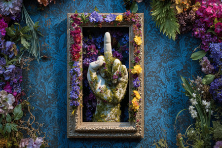 Unique floral sculpture of a hand surrounded by vibrant flowers in an artistic display at an outdoor garden showcaseの素材