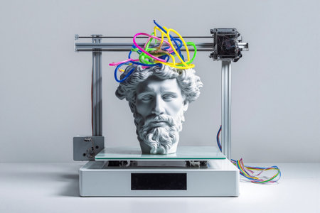 Innovative 3D printing display featuring a classical bust with colorful wires on a modern printerの素材