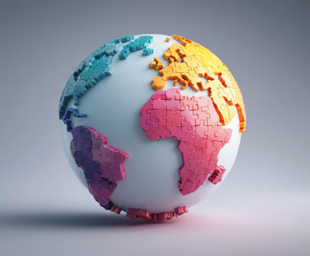 Puzzle pieces form a colorful globe showcasing continents in an artistic representation of the worldの素材