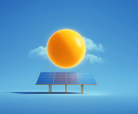 Stylized minimalist sun and solar panel concept symbolizing renewable energy and sustainabilityの素材