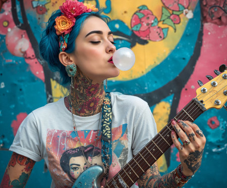 Blue-haired musician blows bubble gum while playing guitar against a vibrant mural backdropの素材
