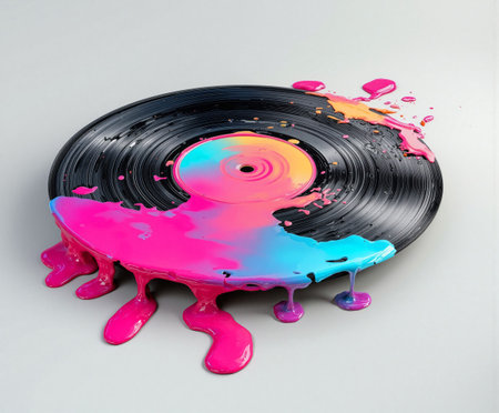 Glossy vinyl record melts into vivid pool of colorful paint creating surreal artistic expressionの素材
