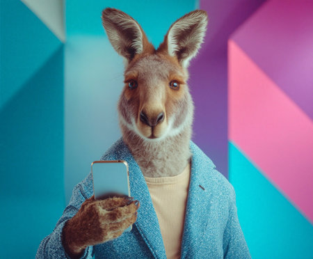 Kangaroo in smart blazer presenting smartphone in colorful modern settingの素材