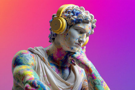 Modern interpretation of a classic statue wearing headphones and splashed with vibrant paint colors on a colorful gradient backgroundの素材
