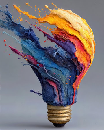 Colorful explosion of paint emerges from light bulb in creative artwork showcasing artistic vision and imaginationの素材