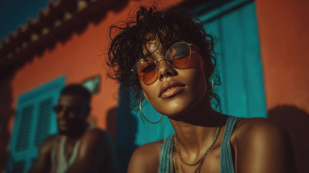 Young woman enjoying a sunny day outdoors with a friend in vibrant urban surroundings during golden hourの素材