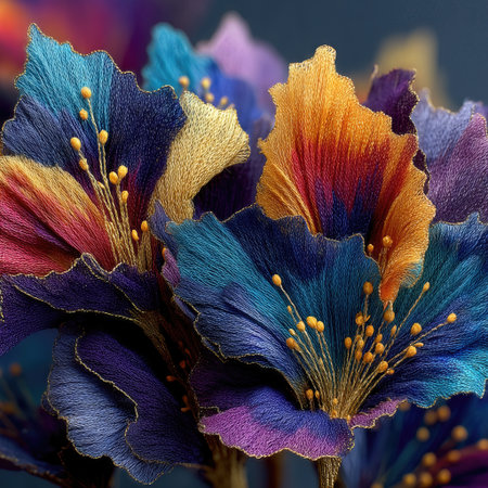 Vibrant floral arrangements showcasing intricate details and rich colors in a modern, artistic settingの素材