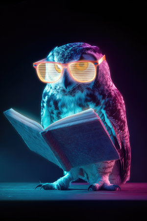 Owl reading a book while wearing trendy sunglasses in a colorful light settingの素材