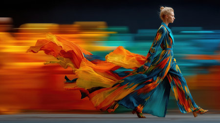 Model walks gracefully in flowing dress surrounded by vibrant colors, capturing motion and elegance in raw photographyの素材