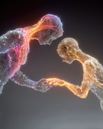 Conceptual representation of connection between two ethereal figures illustrating bond and emotionの素材