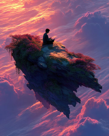 Floating island with person meditating surrounded by vibrant clouds at sunset, creating a serene atmosphereの素材