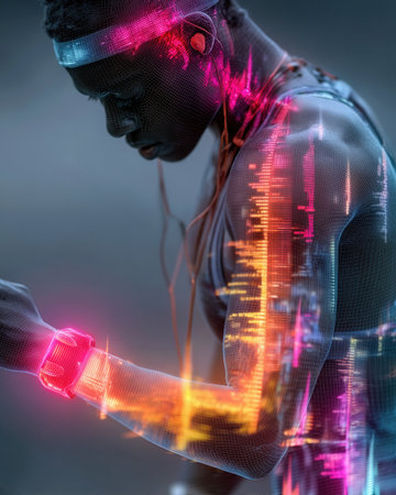 Intensity of focus captured in a runner with digital elements showcasing athleticism and modern technologyの素材