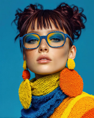Vibrant fashion portrait showcasing colorful style and bold accessories in a studio settingの素材